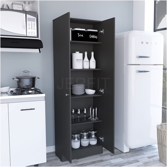 JERFIT 70 Inch Tall Storage Cabinet with 5 Adjustable Shelves, Freestanding Organizer for Living Room, Kitchen, Garage, Black Finish