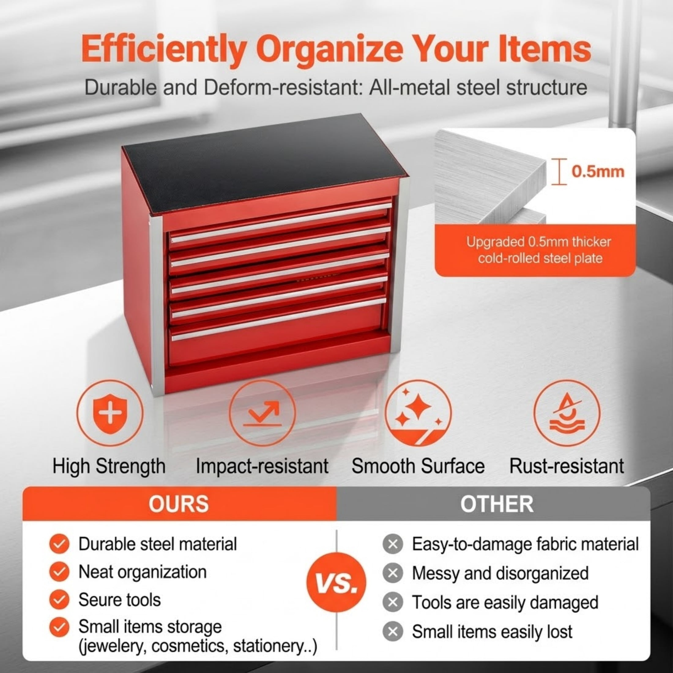 8.6" Mini Metal Tool Box with 5 Drawers, Heavy Duty Steel Portable Tool Chest, Red