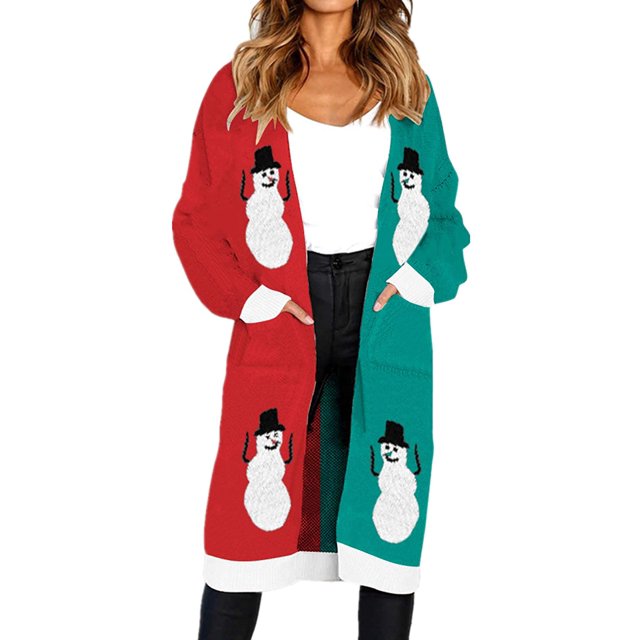 Women Leopard Print Long Cardigan Open Front Knit Sweater Outwear Coat with Pocket