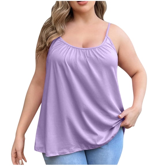 Fengactive Camisole for Women Built in Bra Tank Tops Plus Size Flowy Cami Spaghetti Strap Tanks Pleated Loose Vest