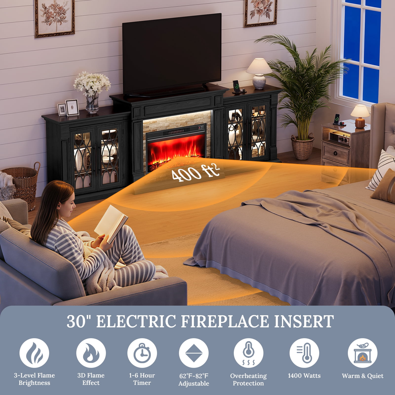 LGHM 104" TV Stand with 30" Electric Fireplace & Charging Station & LED Lights, Large Farmhous Entertainment Center with Storage Cabinet, Media Console for Living Room, Black