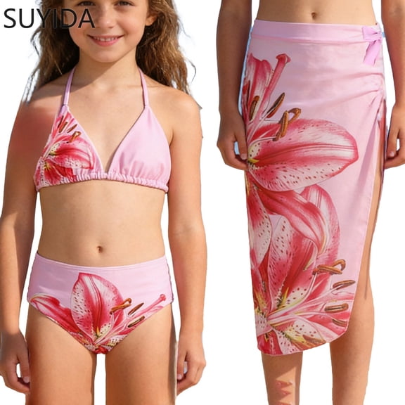 Girls Tankini Swimsuits 10/12 Rash Guard Bikinis for Drawstring Tankini 3 Piece Hawaiian Beach Skirt Cute Ruched Bathing Suit