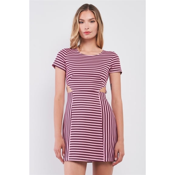 Pink & Black Striped Short Sleeve Cut-out Detail Tight Fit Mini Dress XS