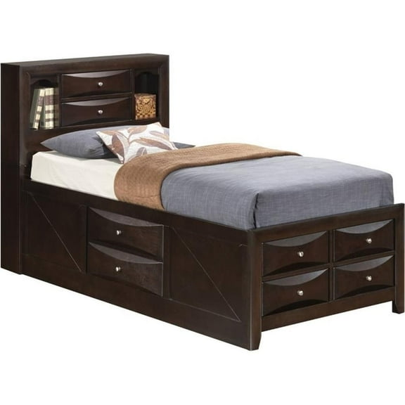 Maklaine Wood Twin Bookcase Storage Bed with Open Shelves & Drawers in Espresso