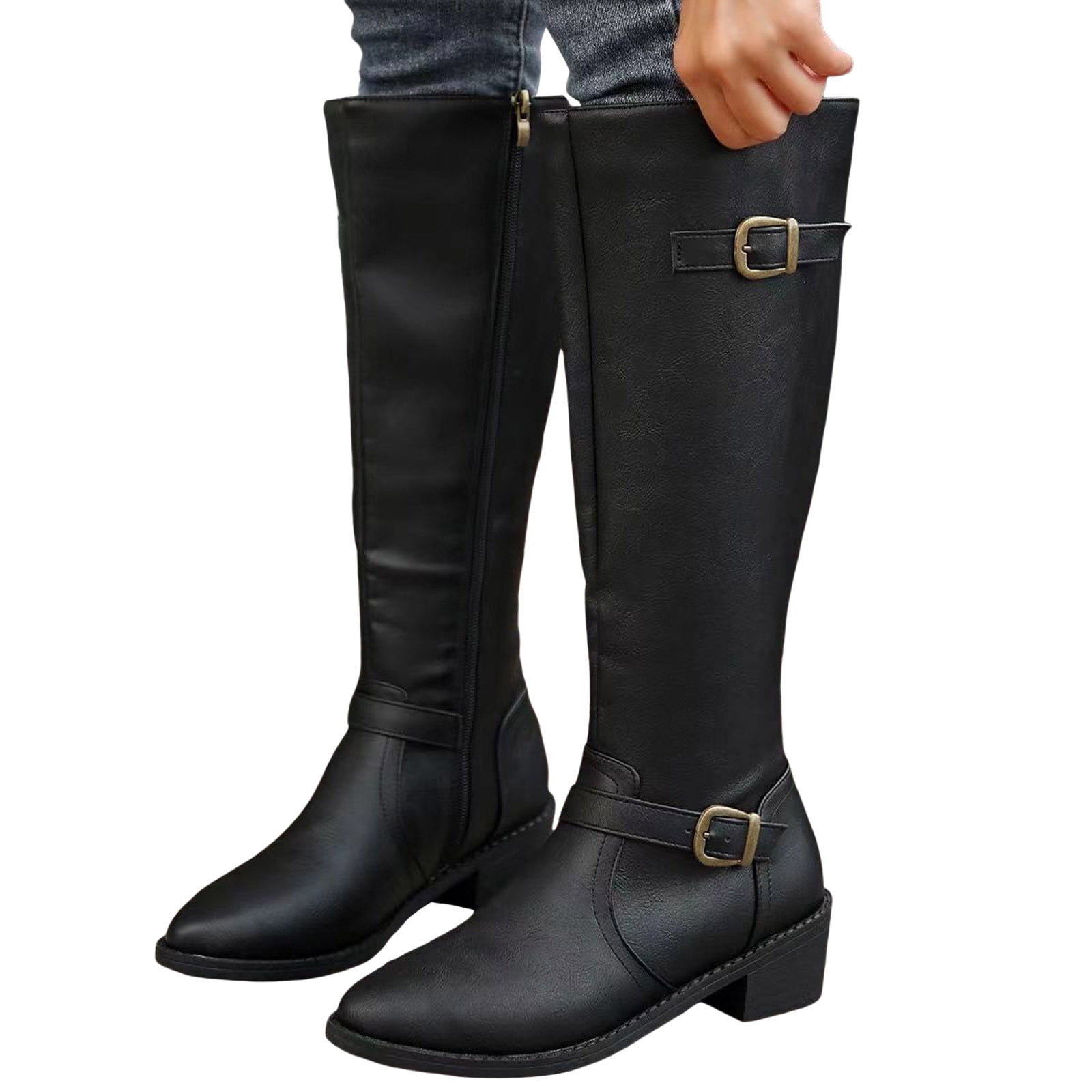 Leozcaa Knee High Riding Boots Women Low Chunky Heel Motorcycle