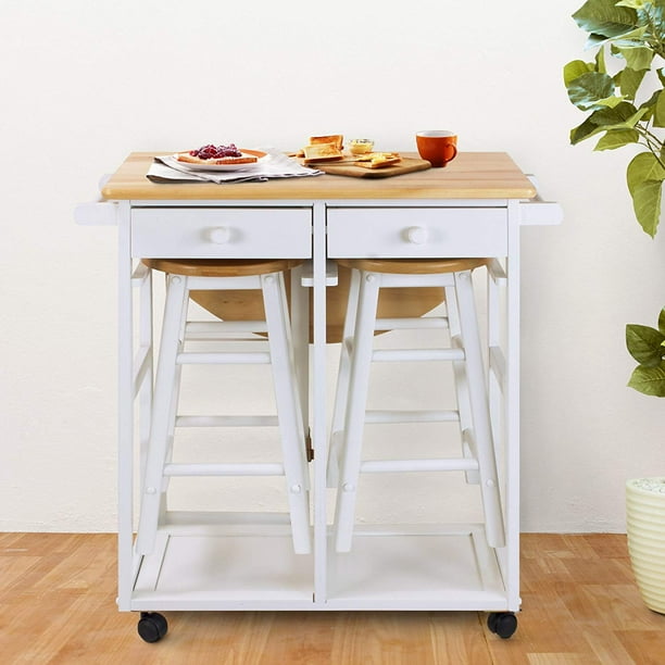 Carrito de cocina Zimtown con isla Almacenamiento mesa de comedor 2 taburetes de bar 2 cajones madera maciza