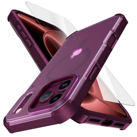 Dteck Magnetic Case with Tempered Glass Screen Protector for iPhone 18 Pro Max,Shockproof Matte PC TPU Case Compatible with Mag Safe Translucent Back Cover,Winered