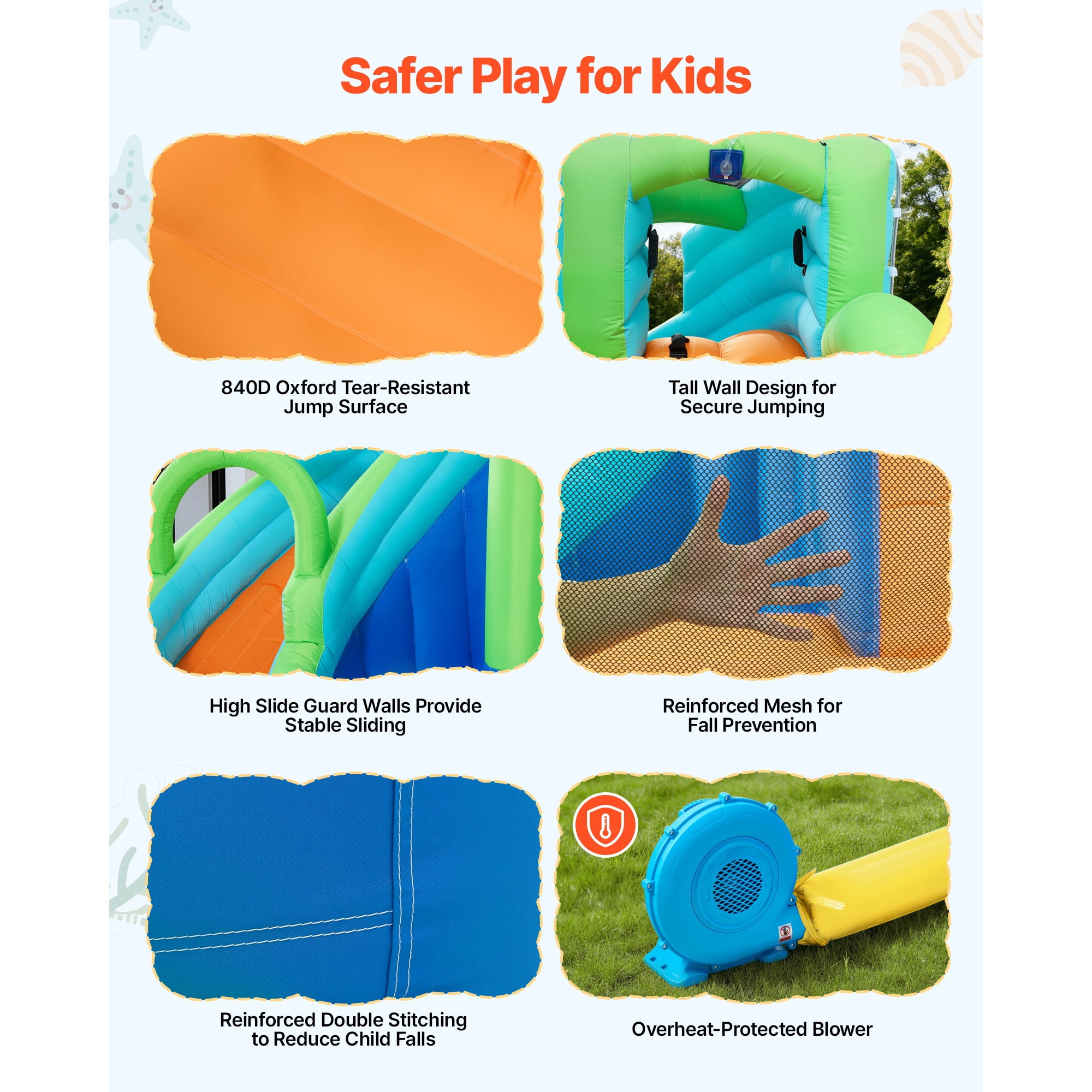 KFFKFF Inflatable Bounce House with Water Slide, 11.3 x 12.3 x 7.0 ft Bouncer Castle Featuring Jump Area, Basketball Hoop, Splash Pool, and Water Ring Toss, Suitable for 3-4 Kids Aged 3-8