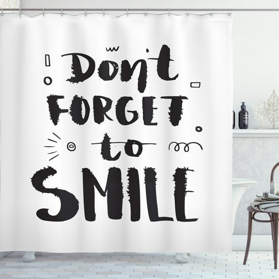 Smile Shower Curtain, Don't Forget to Smile Text and Mini Motifs on a Plain Background, Fabric Bathroom Set with Hooks, 69W X 84L Inches Extra Long, Charcoal Grey White, by Ambesonne