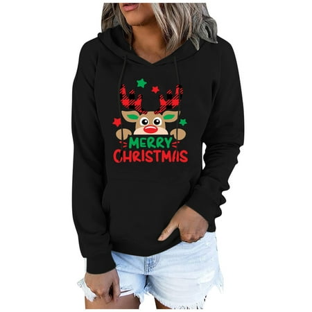 

Hooded Pullover for Womens Merry Letter Graphic Oversized Coats Long Sleeve Simple Hoodies