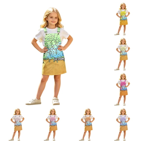 XAOFW Kids Girls Summer Dresses Sleeveless Ice Cream Printed Overalls Dress With Pocket Casual Suspender Dresses For Everyday Wear Stylish Sundress 4-5 Years