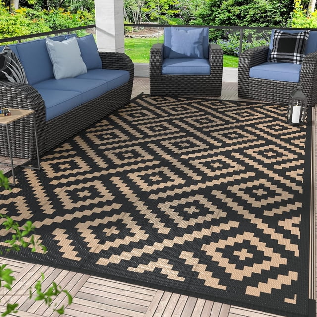 Outdoor Rug x Reversible Mats Outdoor Area Rug Plastic Straw Rug Geometric Rv Mat for Patio Camping Rv Picnic Backyard Deck Balcony Porch Beach Trailer ( & Grey)
