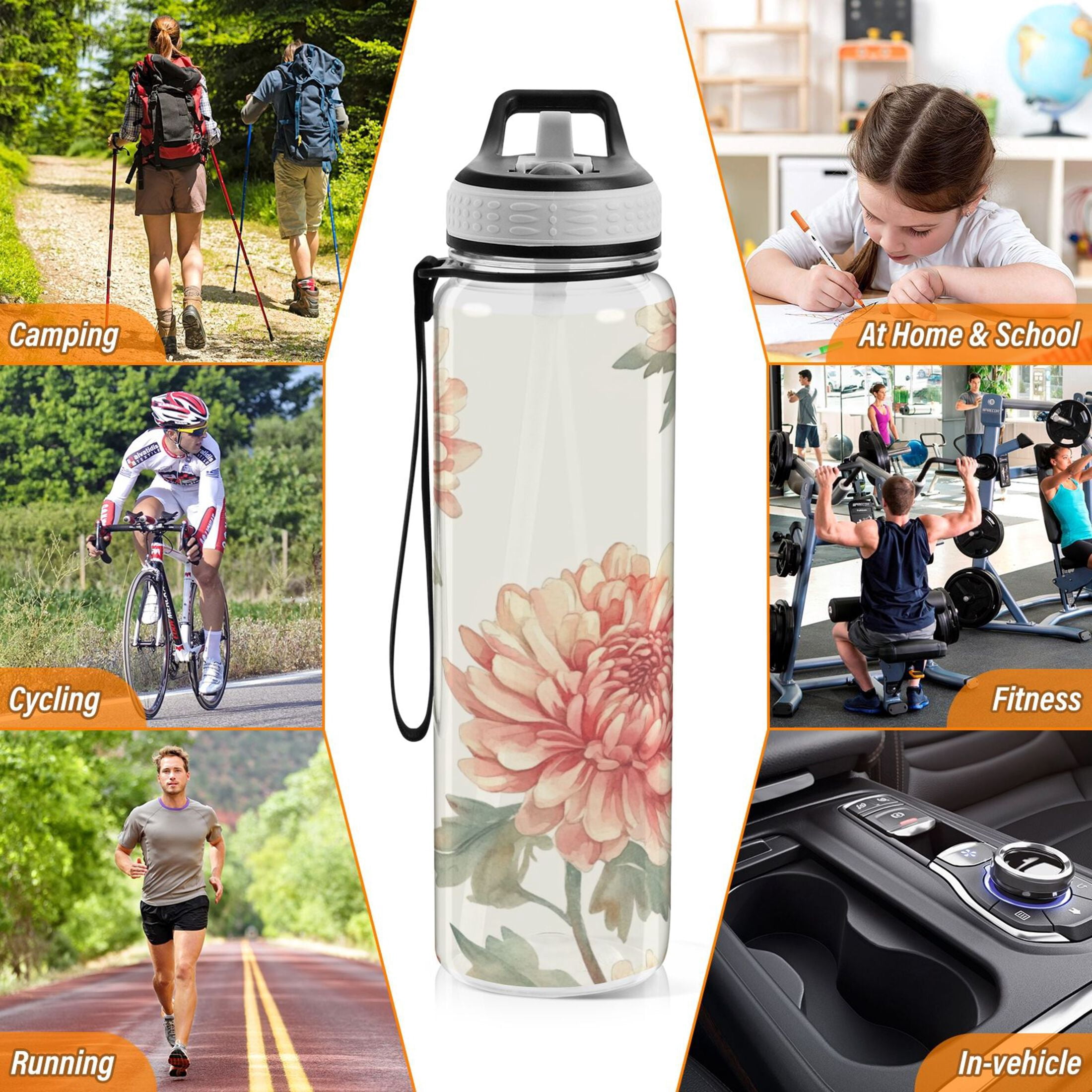 Sports Water Bottle 1000ML Tritan Food Grade Clear Water Bottle Fitness Outdoor Sports Bike Chrysanthemum Orange