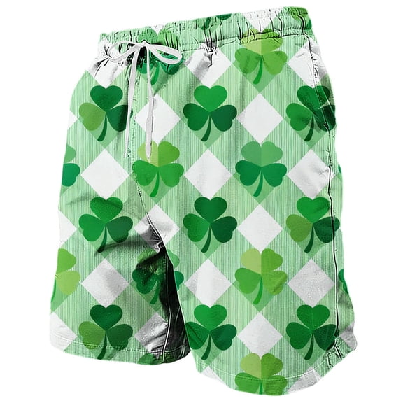Lorytime St. Patricks Day Men Swim Trunks Patterns Plaid Green Swimwear Elastic Waist Vacation Board Short Beach Shorts