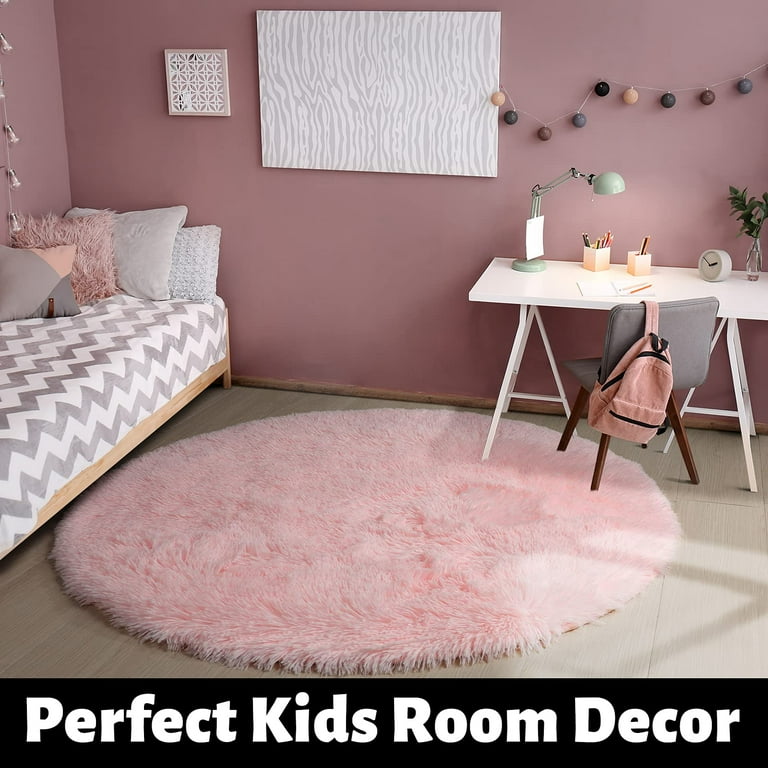 Amdrebio Pink Round Rug for Girls Bedroom,Fluffy Circle Rug 5'x5' for Kids Room,Furry C