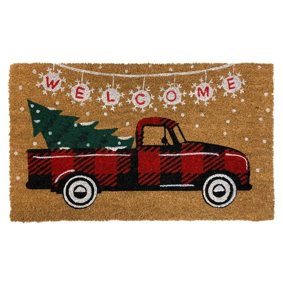 Briarwood Lane Red Checkered Truck Christmas Natural Fiber Coir Doormat 18 x 30
