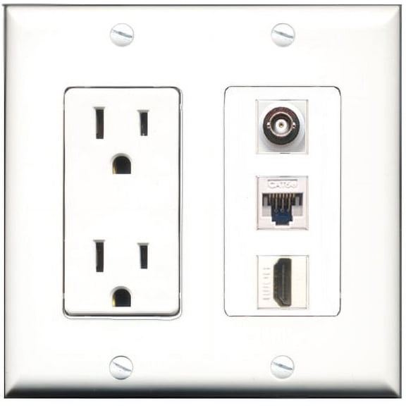 RiteAV - 15 Amp Power Outlet 1 Port HDMI 1 Port BNC 1 Port Cat5e Ethernet White Decorative Wall Plate
