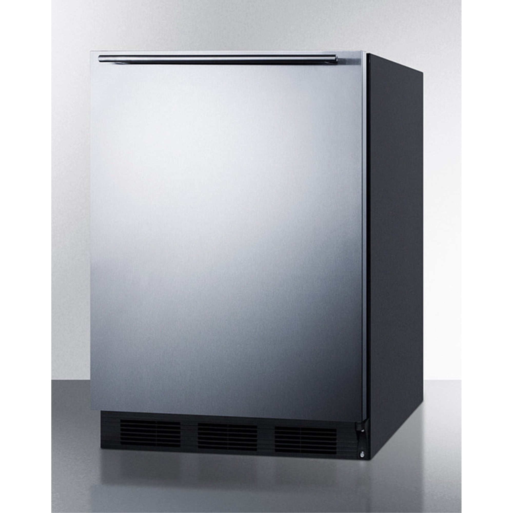 Freestanding residential counter height all-refrigerator, auto defrost w/stainless steel door, horizontal handle and black cabinet