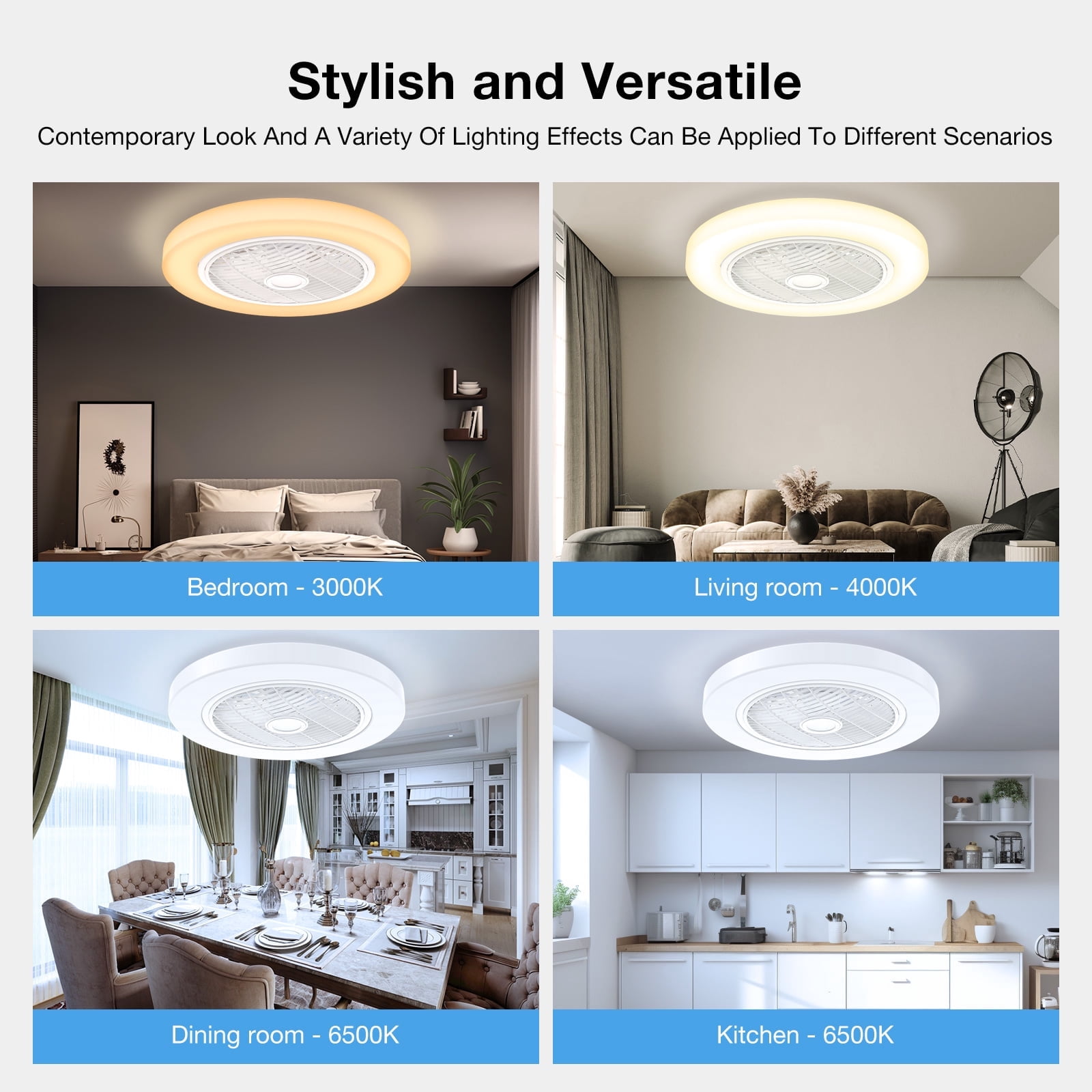 BLITZWILL 21in Ceiling Fan with Light, 6-Speed Reversible, Dimmable LED Timing with Remote & APP Control, Modern Bladeless Flush Mount Ceiling Fan, White