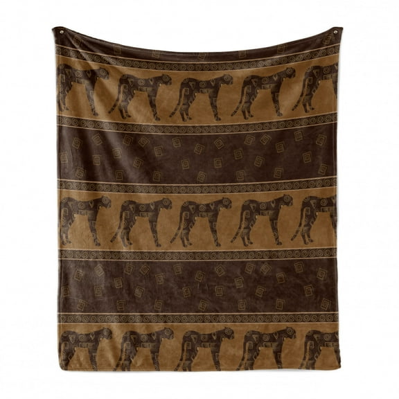 Safari Soft Flannel Fleece Blanket, Continuing Pattern of Leopard Silhouettes with Geometric Shapes Ethnic Art, Cozy Plush for Indoor and Outdoor Use, 50" x 70", Dark Brown Caramel, by Ambesonne
