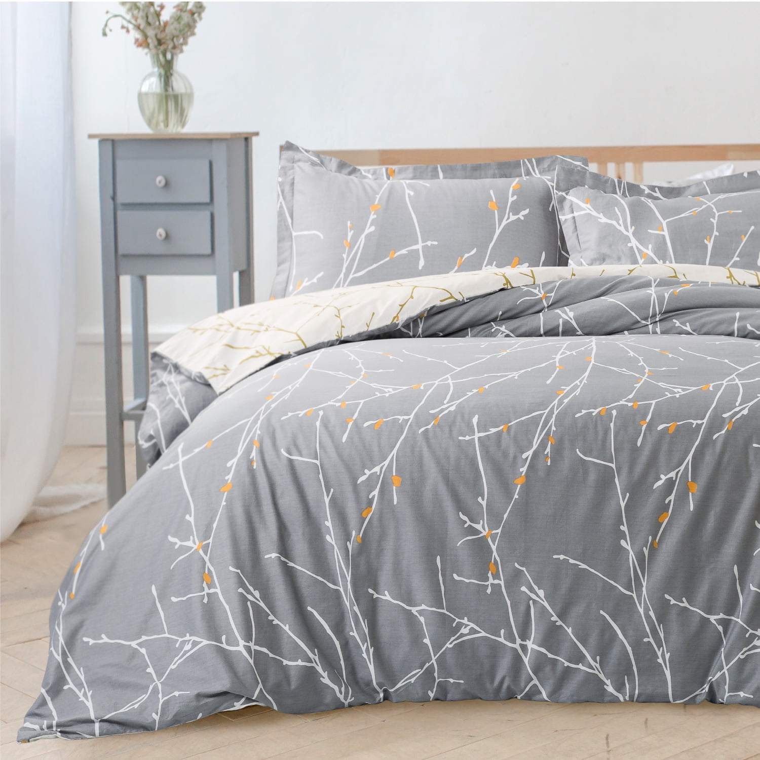 3 Piece Tree Branch Pattern Grey Duvet Covers King Zipper Closure Soft