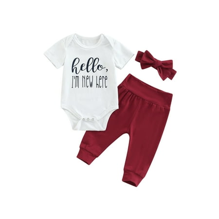 

Bagilaanoe 3pcs Newborn Baby Girl Long Pants Set Letter Print Short Sleeve Romper Tops + Trousers + Headband 3M 9M 12M 18M Infant Casual Outfits