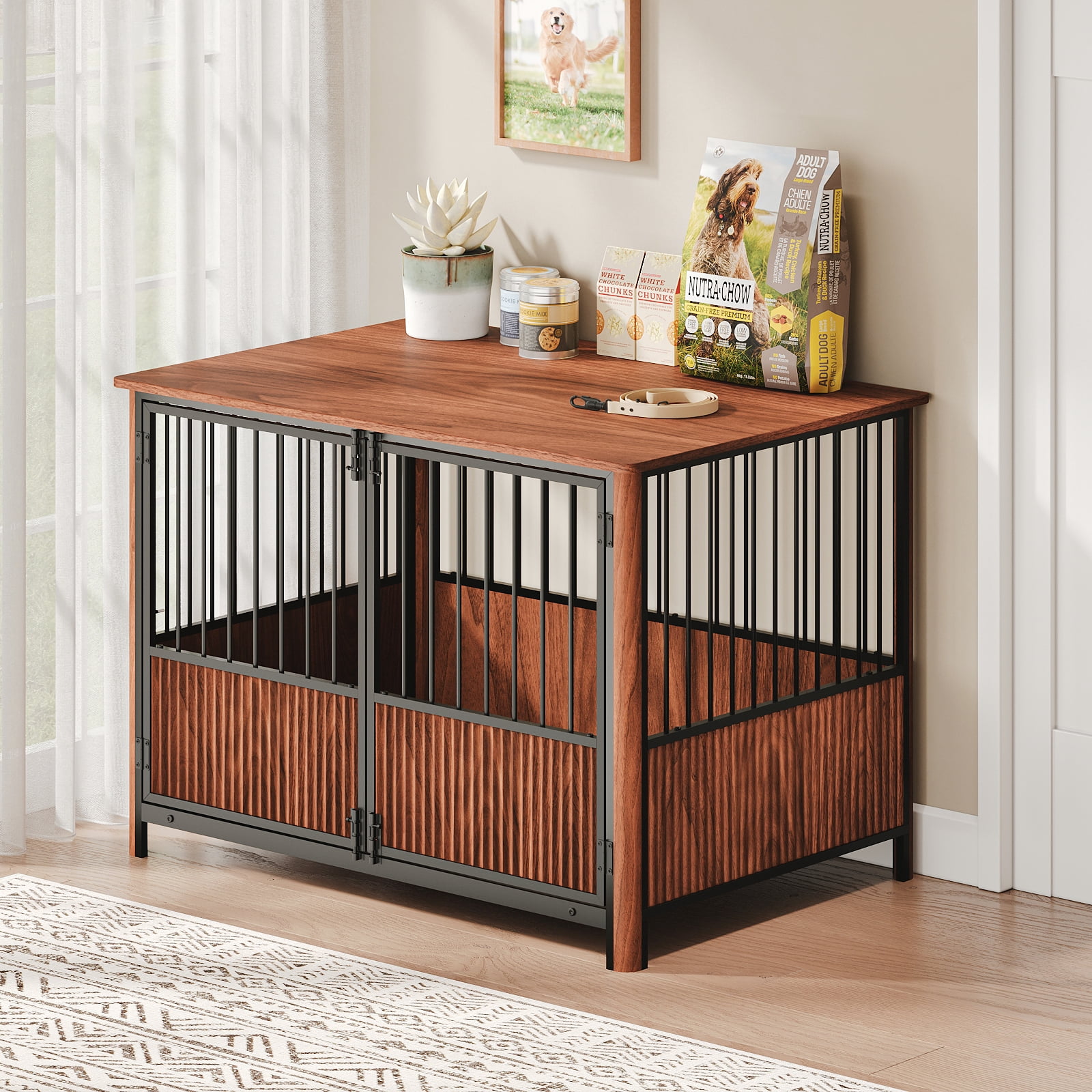 43" Walnut Fluted Furniture Style Dog Crate for Large & Medium Dogs, Decorative Pet House with Double Door, Indoor End Table Side Table Dog Cage