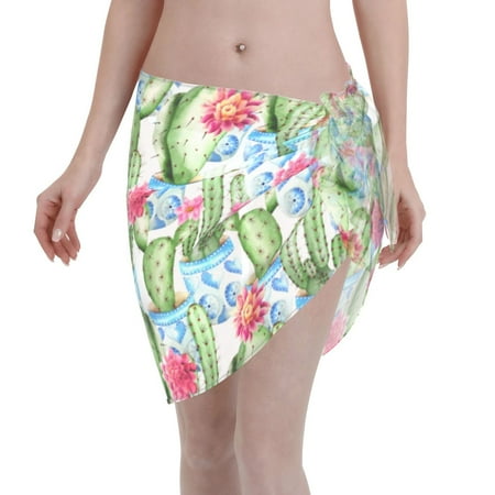 Disketp Flowers And Cactus Women Swimsuit Cover Up Short Chiffon Summer Beach Sarong Bikini Wrap Skirt Bathing Suit