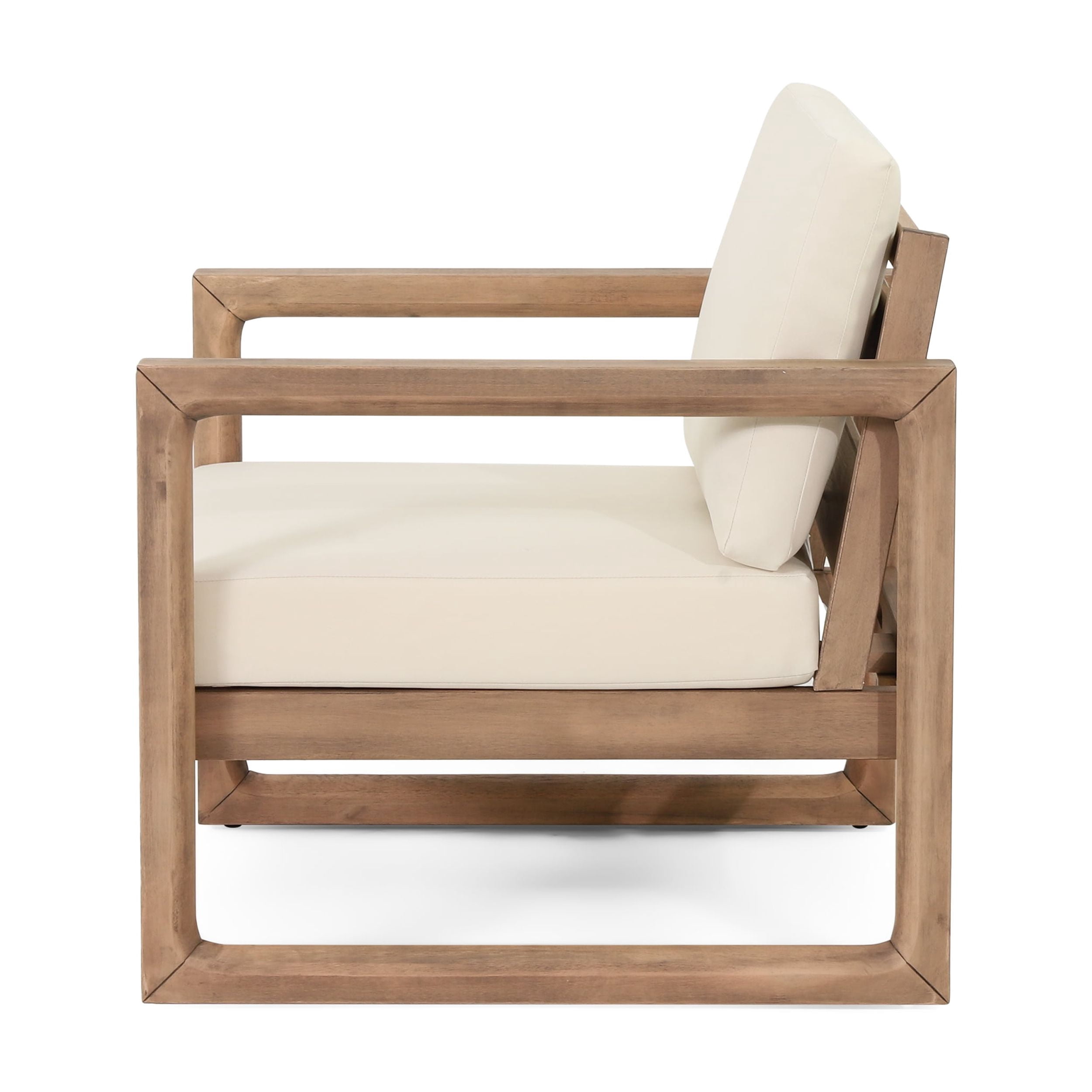 Outdoor Patio Single Seat Chair, Acacia Wood Frame with Thick Waterproof Cushion for Porch Garden, Brown Wash and Beige