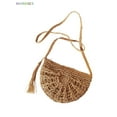 thumbnail image 2 of BadPiggies Women Straw Crossbody Bag Handmade Woven Purse Tassels Crochet Summer Beach Shoulder Bag Semicircle Messenger Handbag (Khaki), 2 of 12