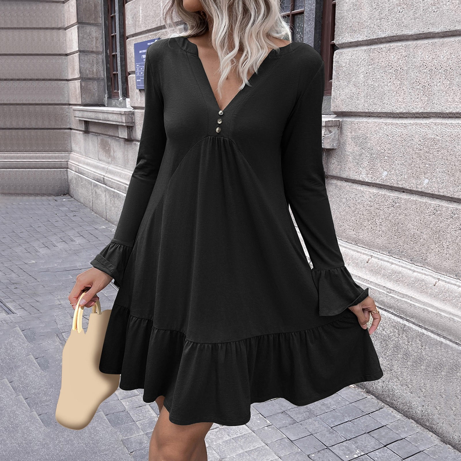 solacol Womens Dresses Long Sleeves Womens Dresses Summer Womens Dresses  for Summer Womens Autumn and Winter Sexy V-Neck Long Sleeve Ruffle Lace  Solid