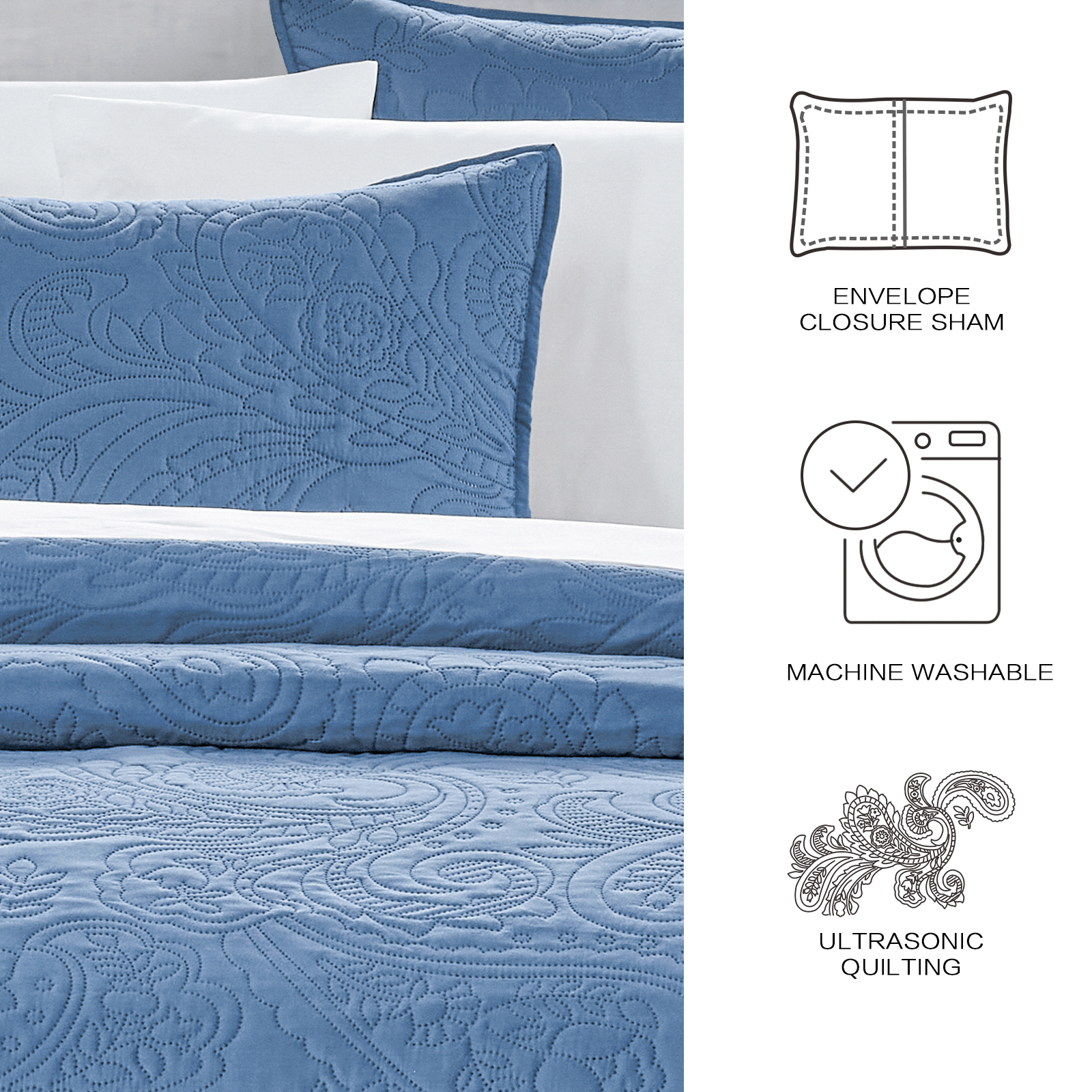 Bourina Modern Floral 3-Piece Quilt Set, Blue,King,Lightweight & Comfortable,Perfect for All Seasons