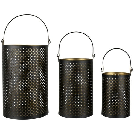 Northlight Iron Mesh Candle Holders with Handles - 10" - Black and Gold Finish - Set of 3