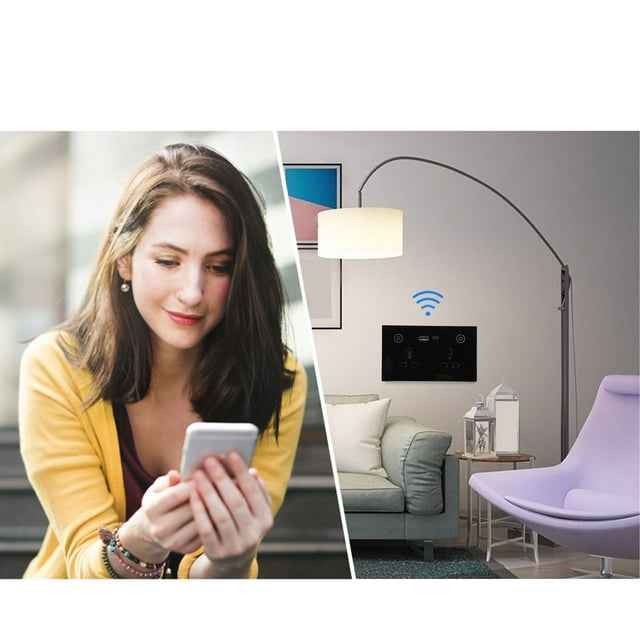 Smart USB Wall Outlet, 2.4G WiFi Touch Light Switch Voice Control In Wall Plug Socket Power Meter with 5V 2A USB and TYPE C Port Tempered Glass Panel Receptacle Electrical Outlet