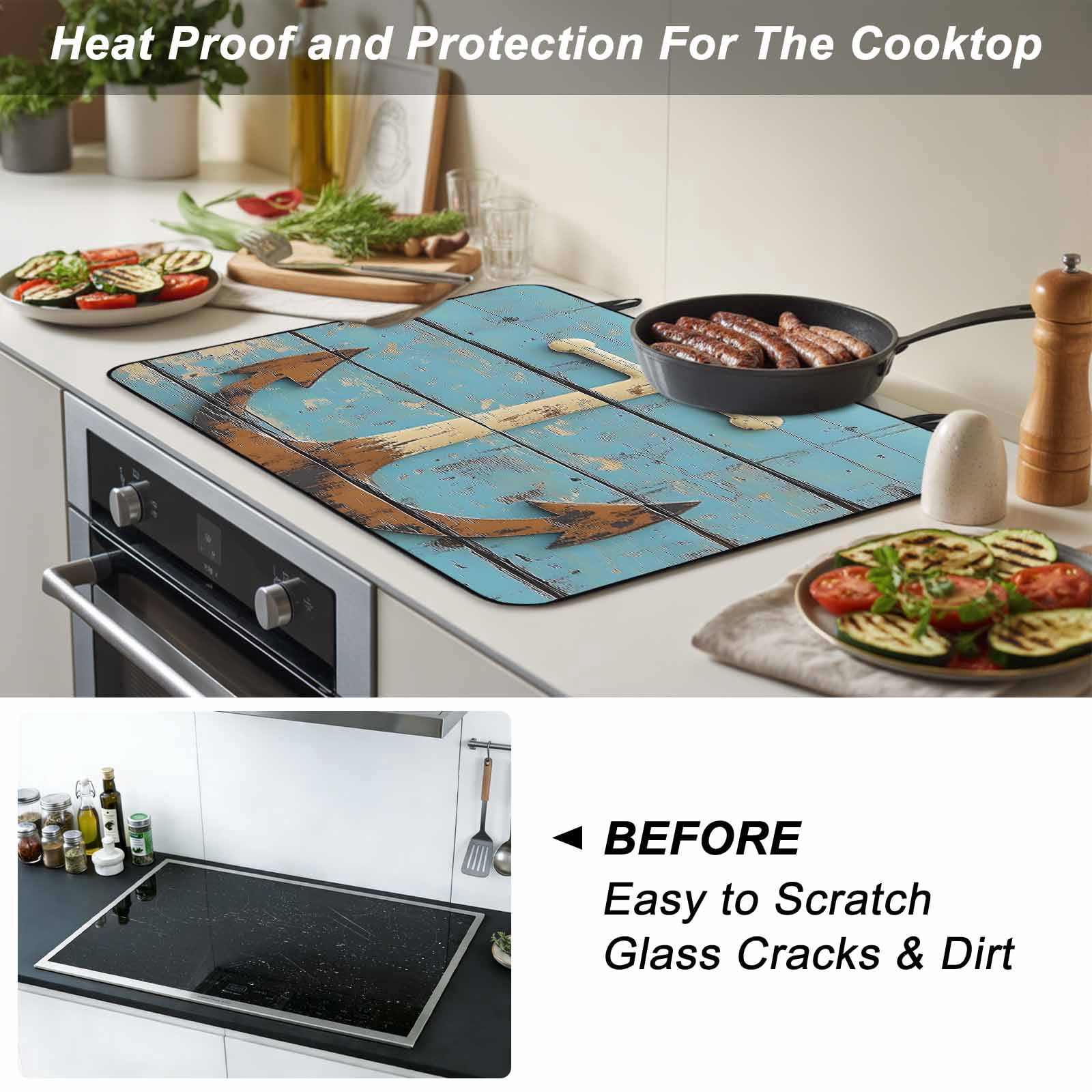 Vintage Anchor Stove Top Cover for Electric Stove, Heat-proof & Non Slip Glass Top Stove Cover Protector, Coastal Nautical Blue Brown Wooden Kitchen Flat Cooktop Rubber Mat 24x21 Inches