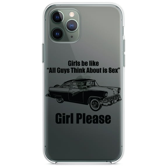 DistinctInk Clear Shockproof Hybrid Case for iPhone 13 (6.1" Screen) - TPU Bumper Acrylic Back Tempered Glass Screen Protector - All Guys Think About is Sex - Cars!