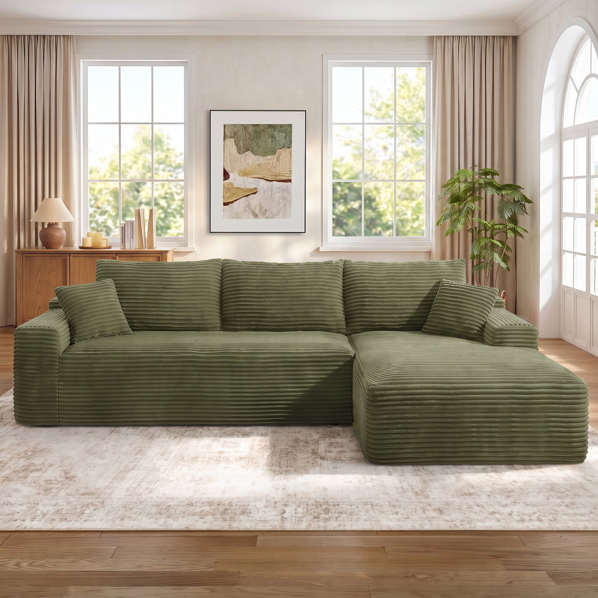 Aukfa 107" Boneless Modular Sectional Sofa, L-Shaped Corduroy Couch with Deep Seat and Right-Facing Chaise for Living Room, Green