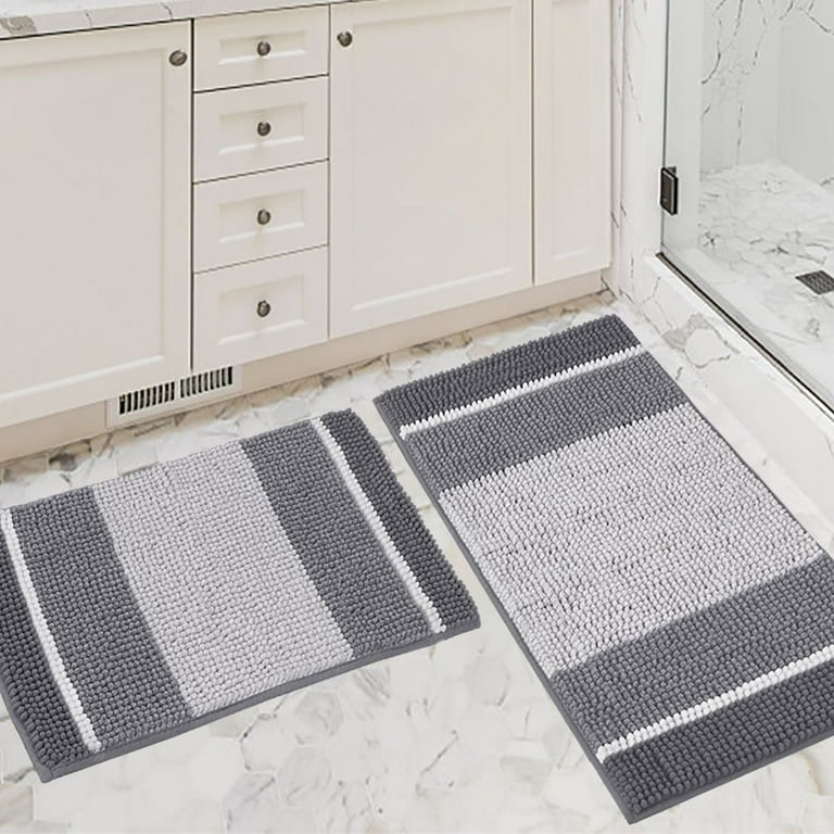 Extra Thick Striped Bath Rugs for Bathroom - (Set of 2) Anti-Slip Soft  Plush Chenille Yarn Shaggy Mat Living Room Bedroom Floor Water Absorbent