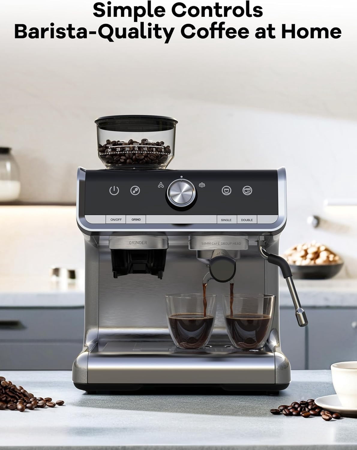 Espresso Machine with Grinder and Milk Frother Steam Wand, 20 Bar Coffee Maker with 95oz Water Tank, Professional 3 In 1 Espresso Maker for Cappuccino and Latte (1450w) - Light Gray