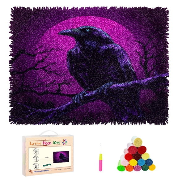 DIY Latch Hook Rug Kits Black Raven on Dead Tree Branch Stamped Non-slip Mat Crocheting Yarn Hook and Latch Emboridery Tapestry for Home Floor Decor and Pet Warm Cushion 52x38cm(8)