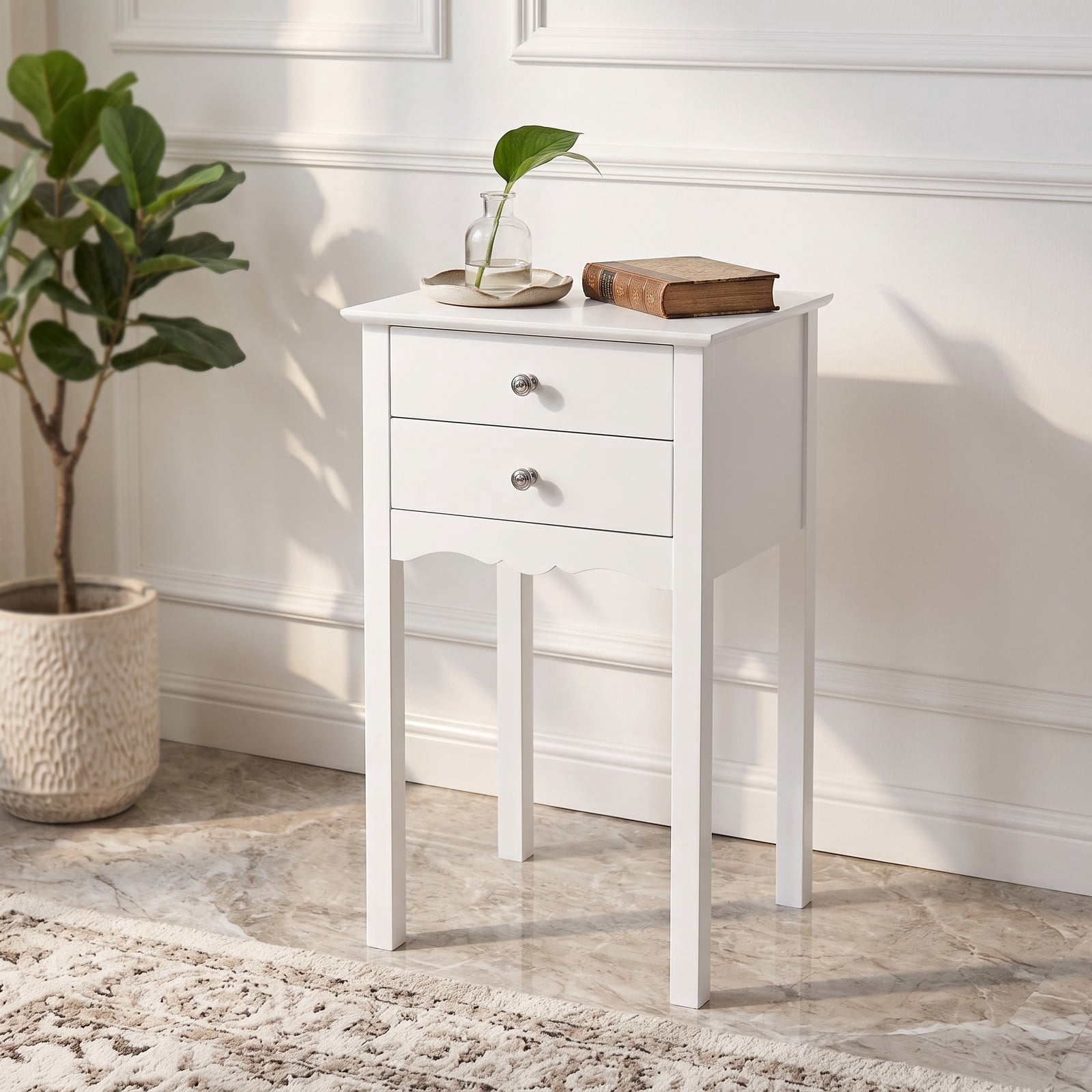Furnibear 2-Drawer Side Table, Modern MDF End Accent Table with Vintage Metal Handles, High Gloss Nightstand Bedside Storage Table for Living Room Bedroom Dorm, White