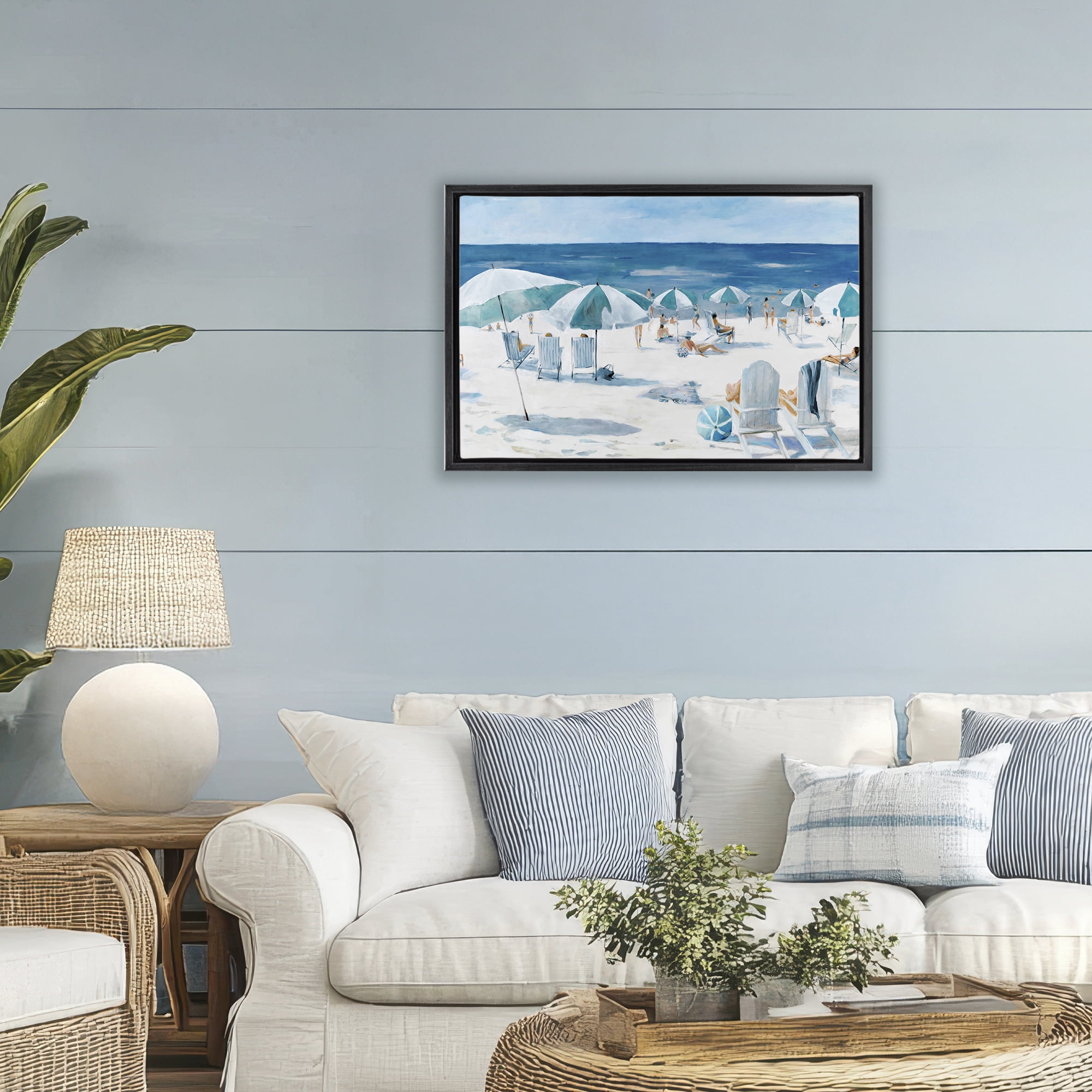 Stupell Industries Umbrella Beach Coastal Scene Black Framed Floater Canvas Wall Art, design by Lorenzo Collective