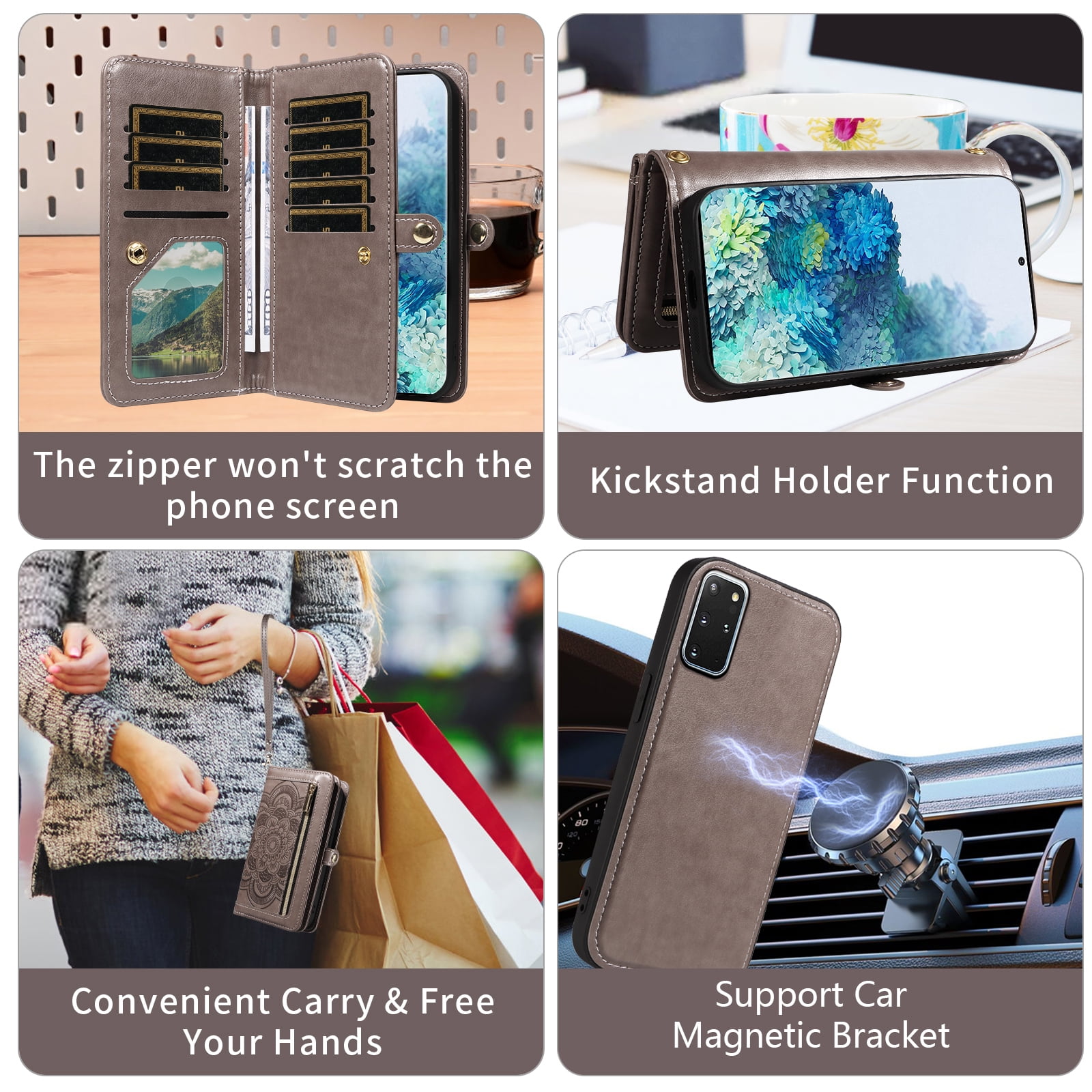 Asuwish Detachable Magnetic Zipper Wallet Phone Case with Flower Pattern and Screen Protector for Samsung Galaxy S20 Plus, Gray