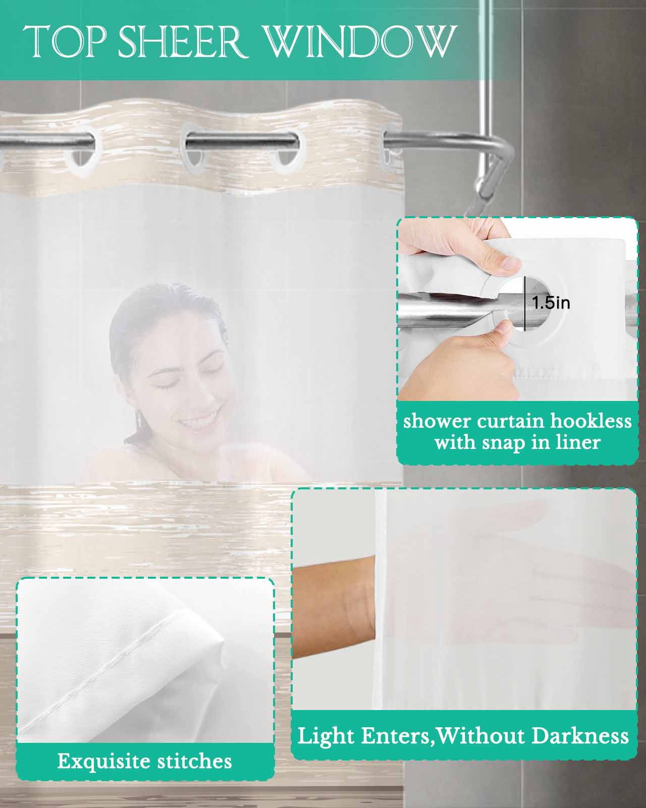 No Hook Shower Curtain with Snap in Liner, Khaki Striped Gradient Rustic Wood Board Hotel Shower Curtains for Bathroom, Washable Shower Curtain Liner Set with Mesh Top Window, 72"x72"