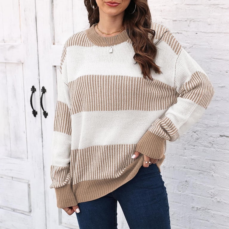 Women's Fall Color Block Striped Sweater - Crewneck Loose Knit Pullover, Long Sleeve
