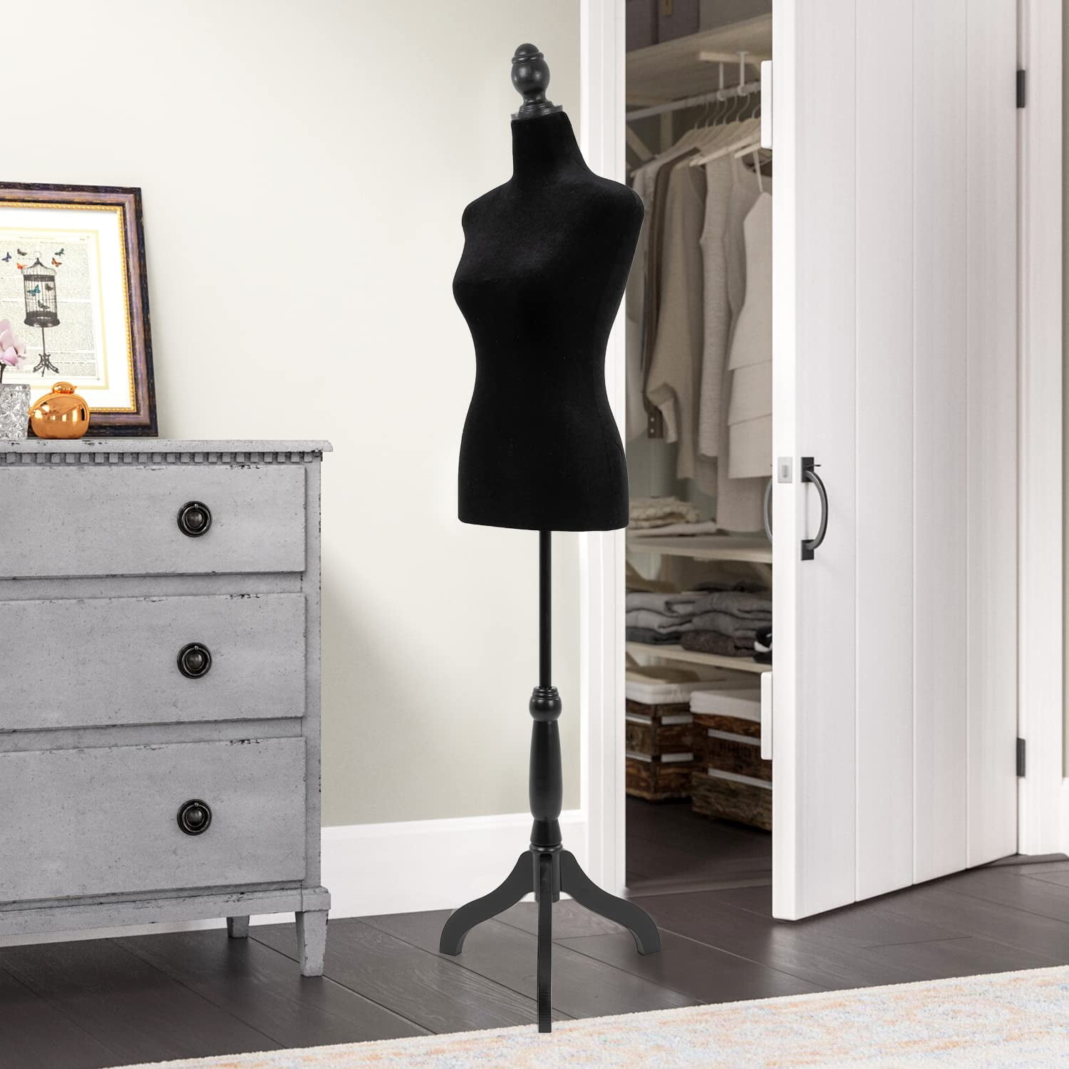 Paylesshere Dress Form Mannequin Torso Female with Wooden Tripod Stand Adjustable for Sewing Counter Display, Black, Women's, Size: One size