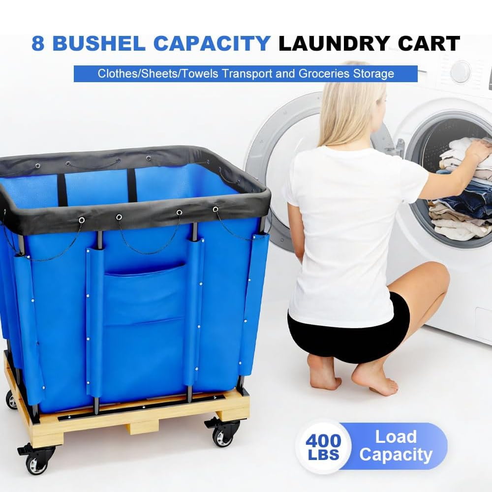 Yeeoy 8 Bushel Blue Vinyl Basket Bulk Truck, Laundry Basket with Wheels, Steel Laundry Cart Storage Trolley Hamper for Hotel Home Hospital, 34"L x 22"W x 30-1/2"H