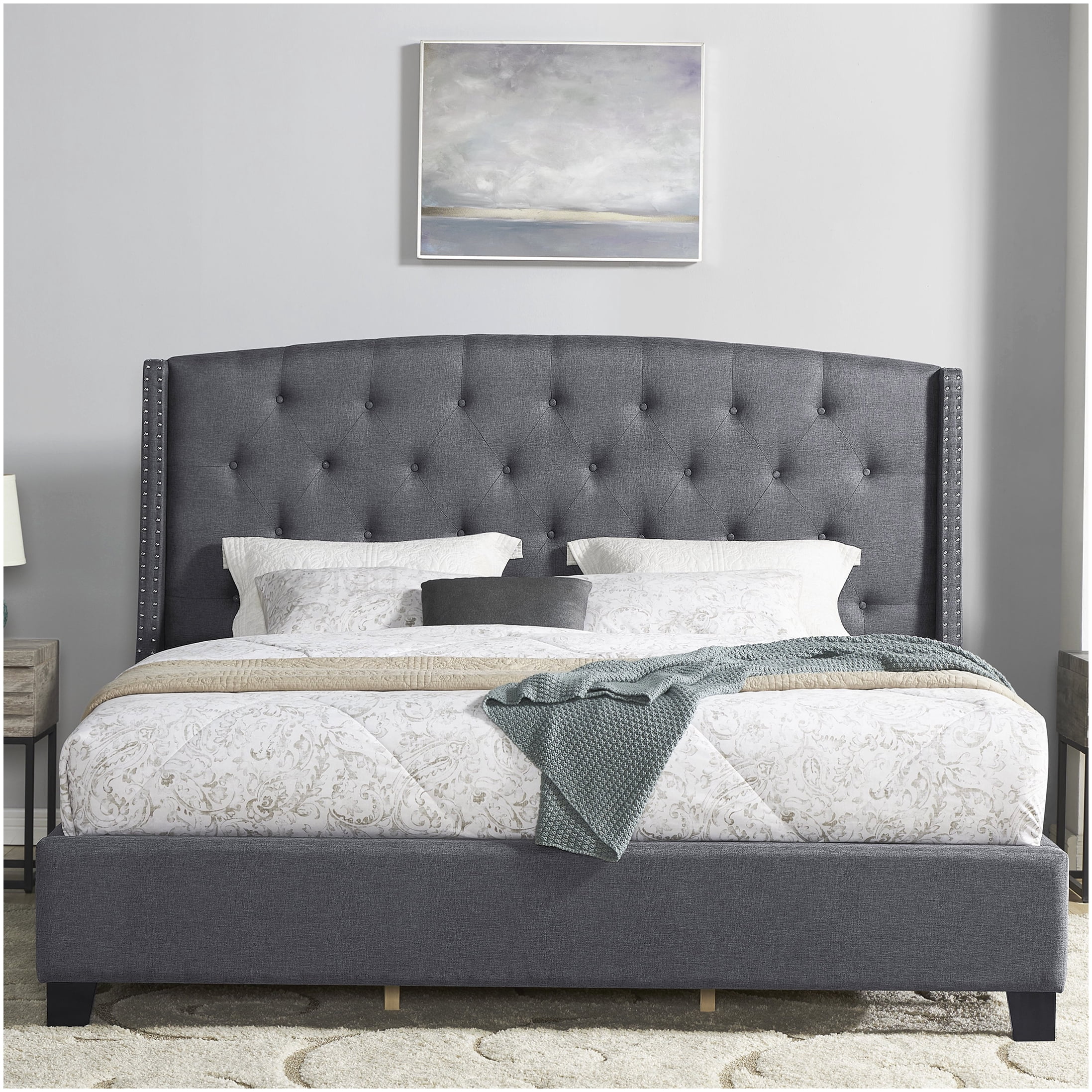 Queen Size Upholstered Bed Frame with Wingback Headboard, Nailhead Trim and Button Tufted Accents, Gray Fabric