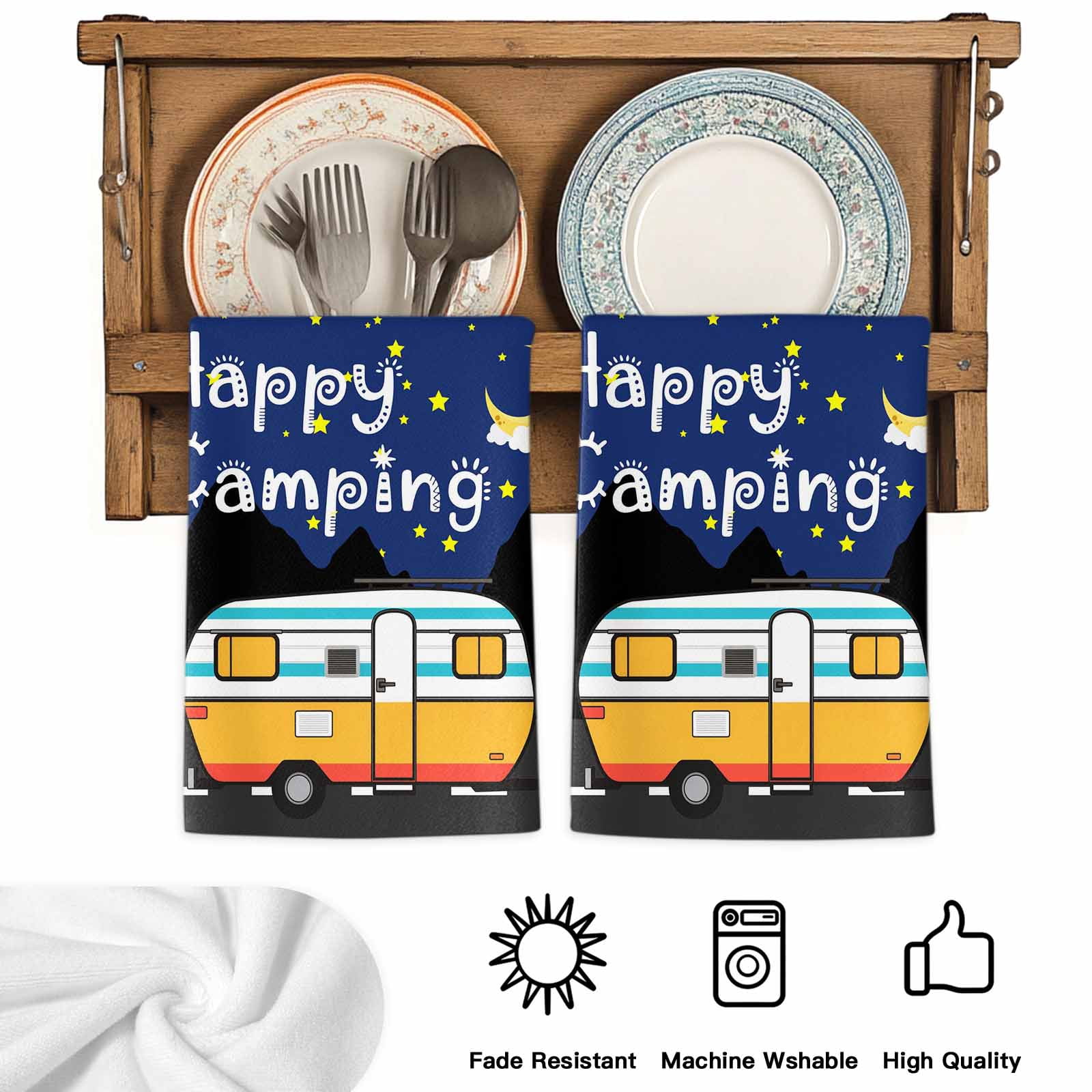 Navy Blue Black Kitchen Towels Set of 2, Cartoon Truck Moon Stars Absorbent Dish Towels for Kitchen, Microfiber Hand Towel, Quick Drying Tea Towel for Cleaning Decorative Dishcloths