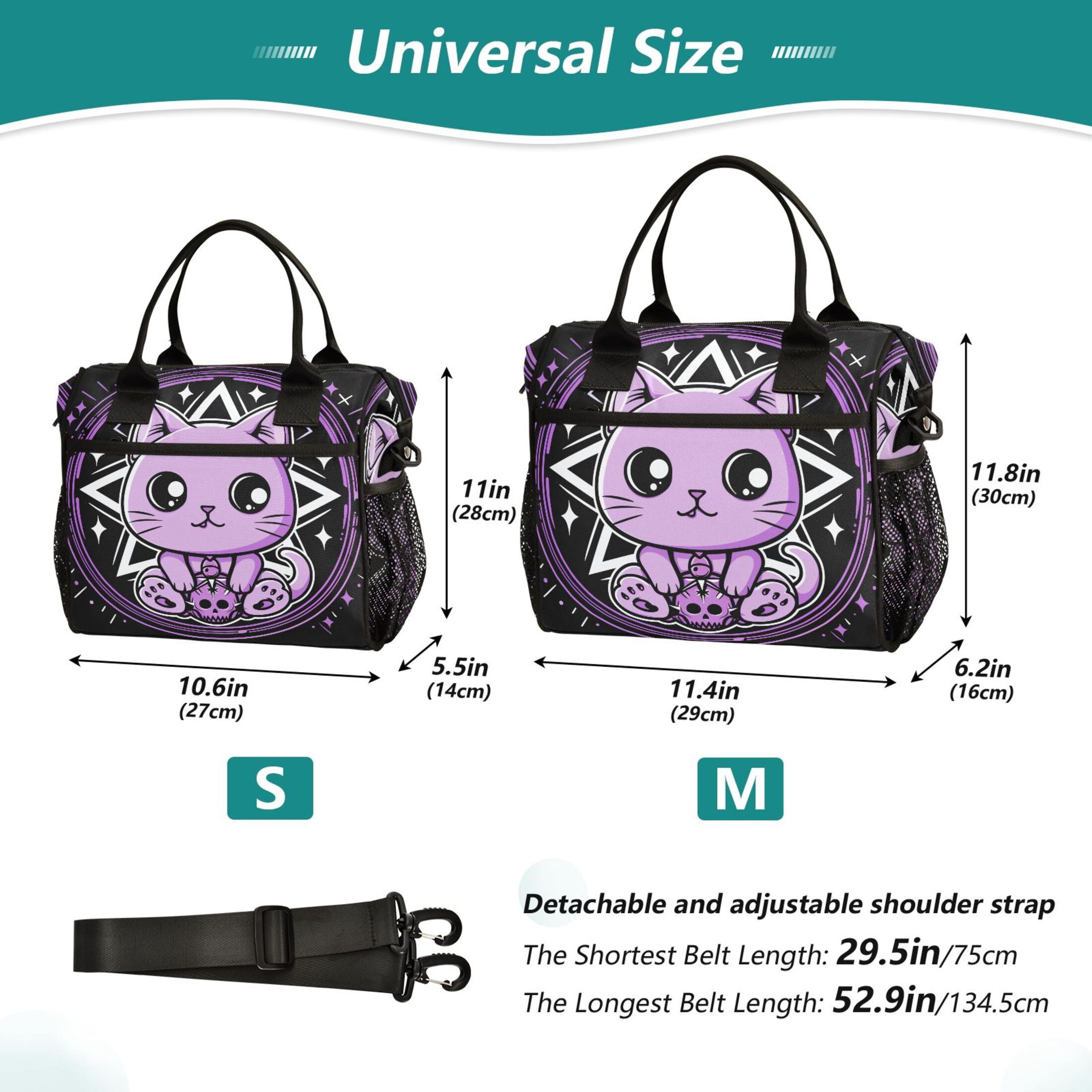 Lunch Bag Insulated Lunch Box Leakproof Reusable Cooler Tote Adjustable Shoulder Strap for Men Women Cute Cat with Skull 12L